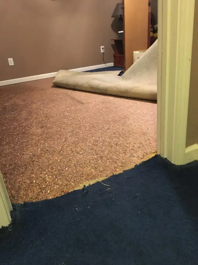 Carpet pad removal revealing water damage during Water Mitigation Services in Bellmead